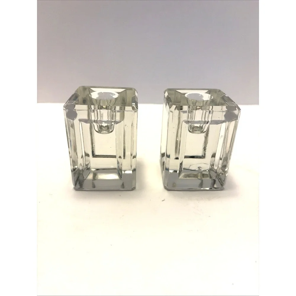 Vtg MCM Crystal Glass Ice Cube Style Candle Holder Pair Indented Sides Heavy